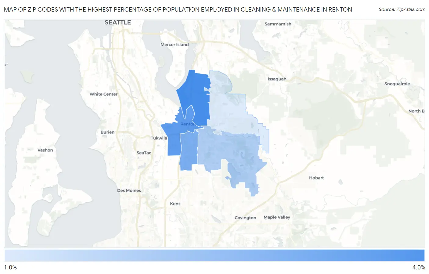 Zip Codes with the Highest Percentage of Population Employed in Cleaning & Maintenance in Renton Map