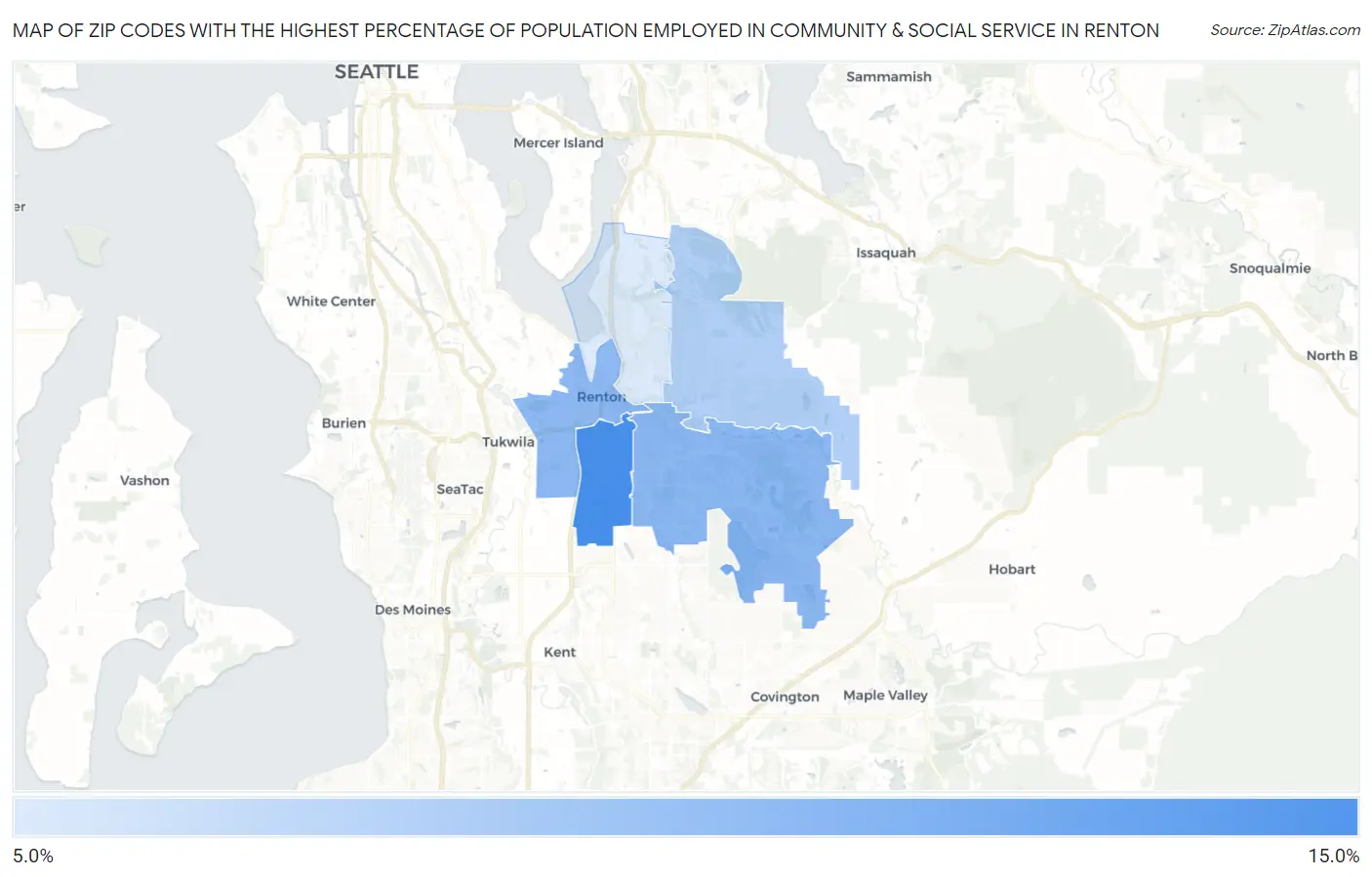 Zip Codes with the Highest Percentage of Population Employed in Community & Social Service  in Renton Map