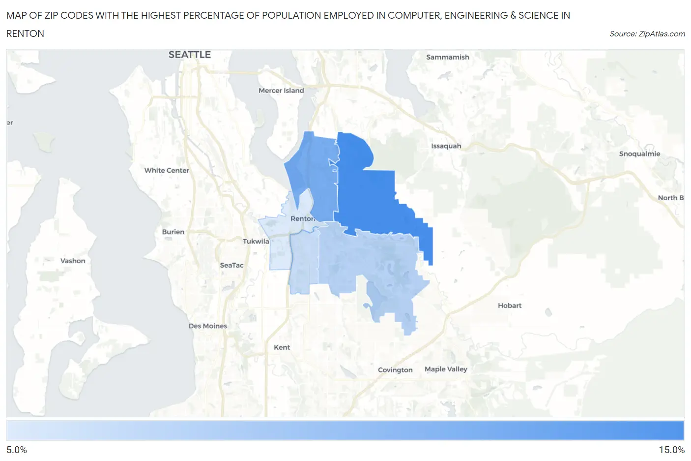 Zip Codes with the Highest Percentage of Population Employed in Computer, Engineering & Science in Renton Map