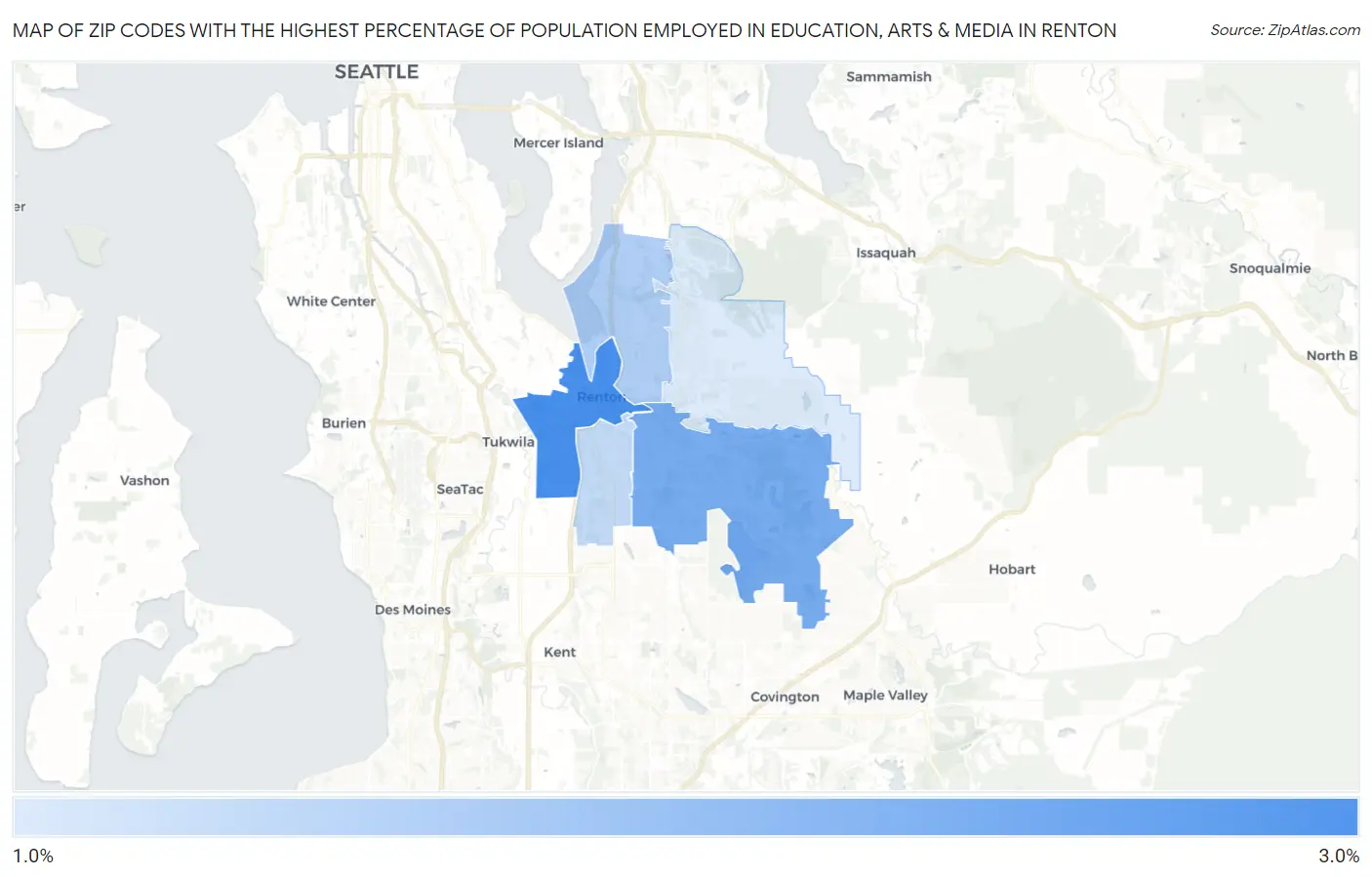 Zip Codes with the Highest Percentage of Population Employed in Education, Arts & Media in Renton Map