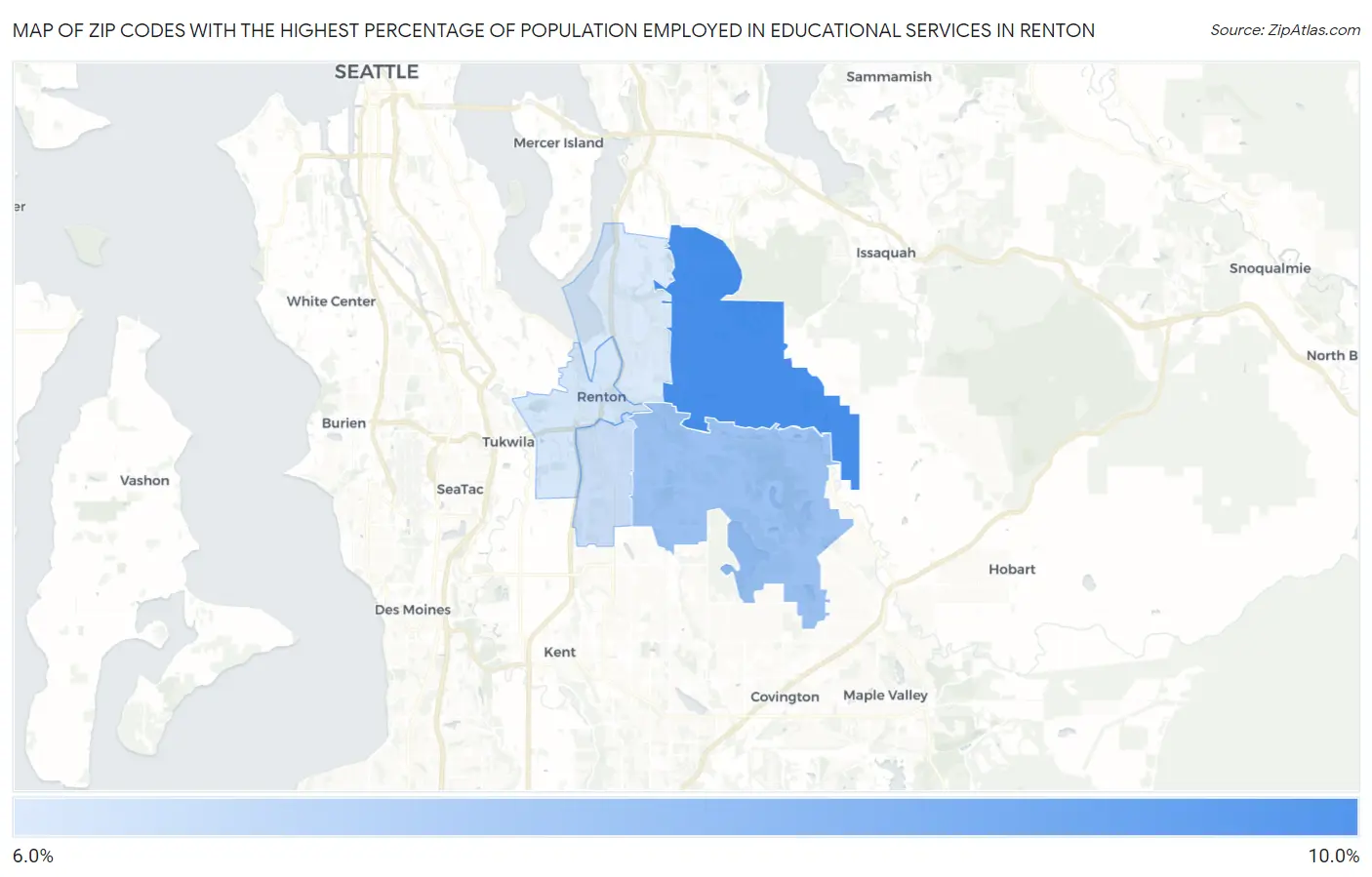 Zip Codes with the Highest Percentage of Population Employed in Educational Services in Renton Map