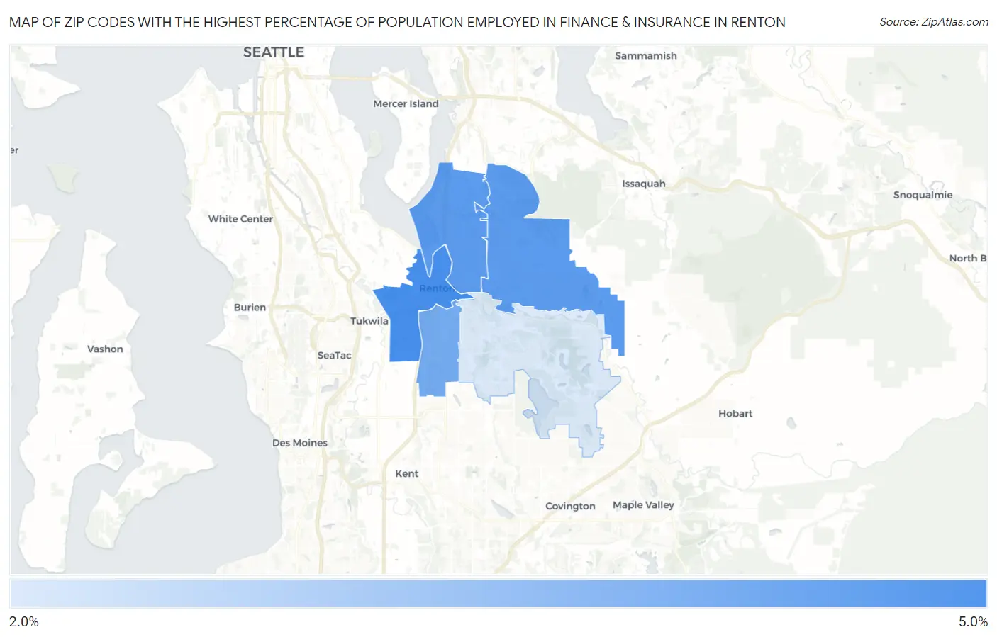 Zip Codes with the Highest Percentage of Population Employed in Finance & Insurance in Renton Map
