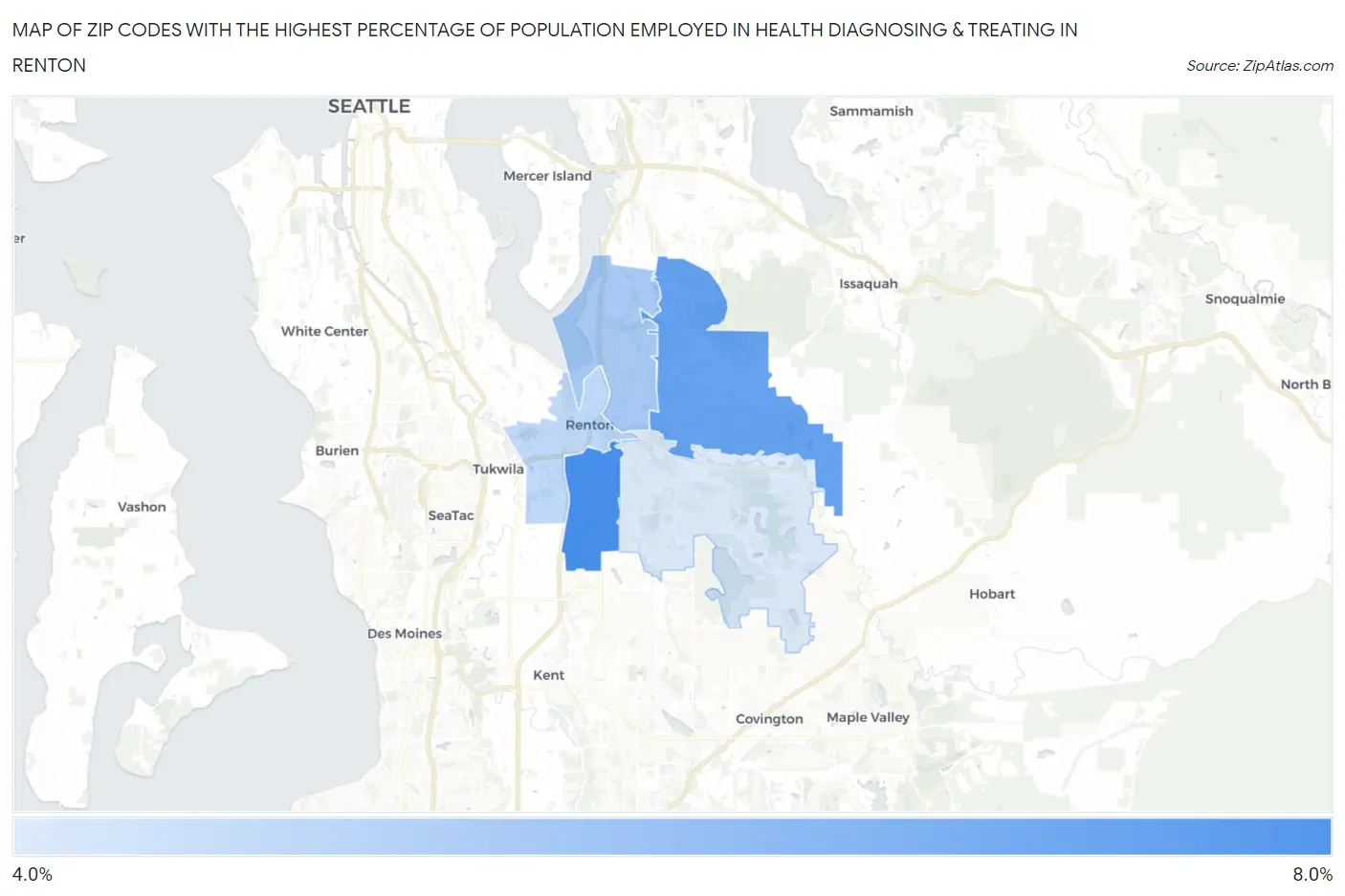 Zip Codes with the Highest Percentage of Population Employed in Health Diagnosing & Treating in Renton Map