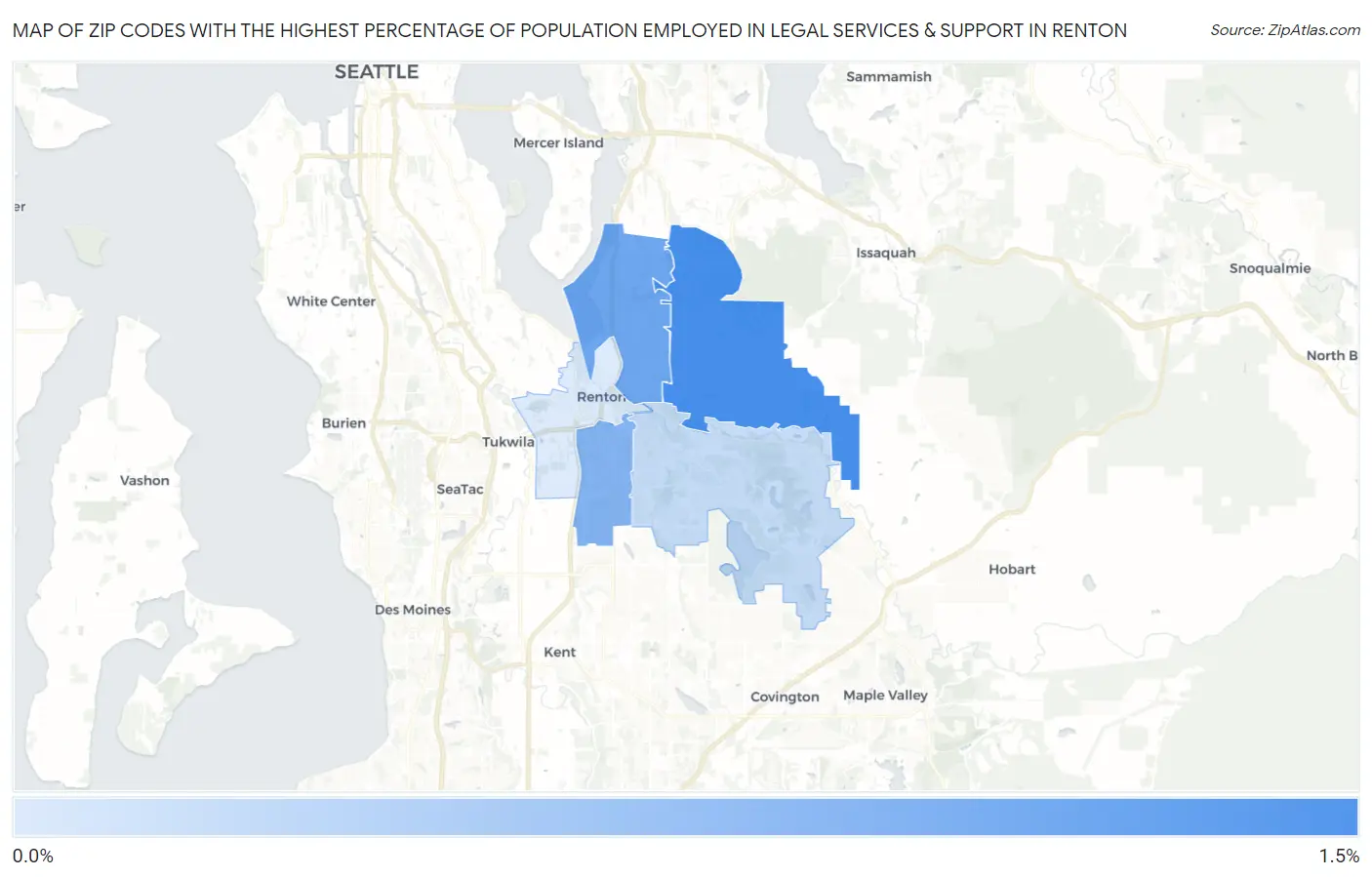 Zip Codes with the Highest Percentage of Population Employed in Legal Services & Support in Renton Map