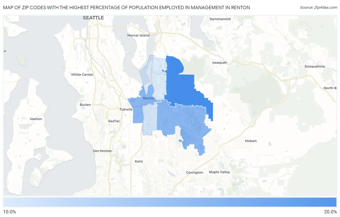 Zip Codes with the Highest Percentage of Population Employed in Management in Renton Map