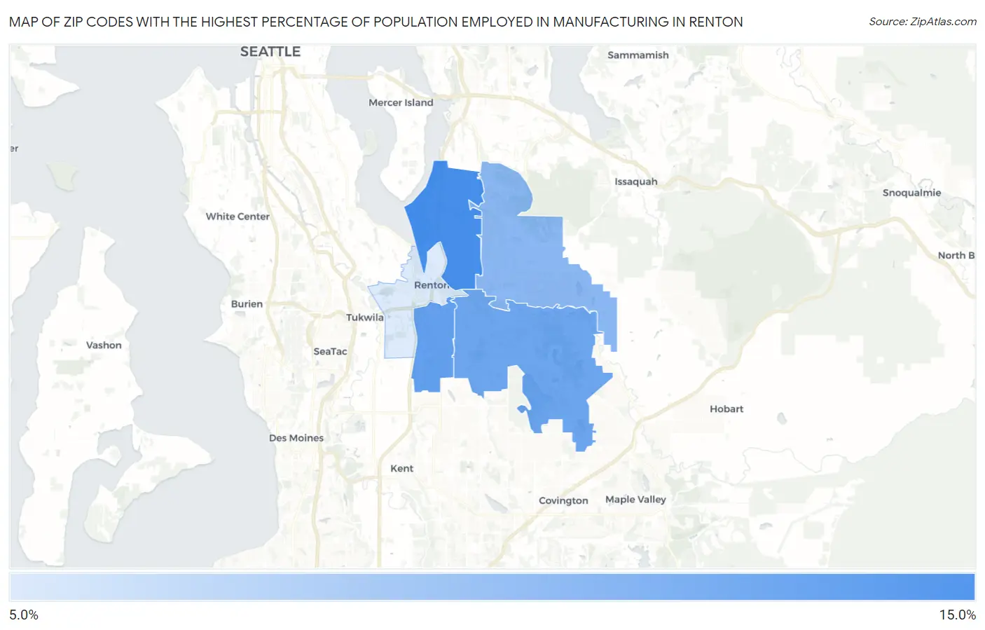 Zip Codes with the Highest Percentage of Population Employed in Manufacturing in Renton Map