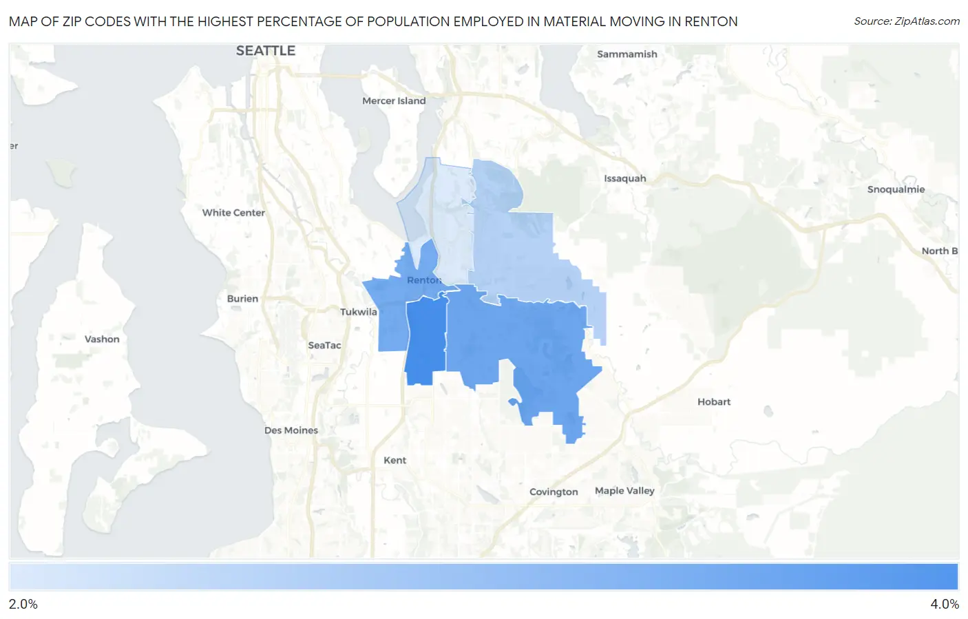 Zip Codes with the Highest Percentage of Population Employed in Material Moving in Renton Map