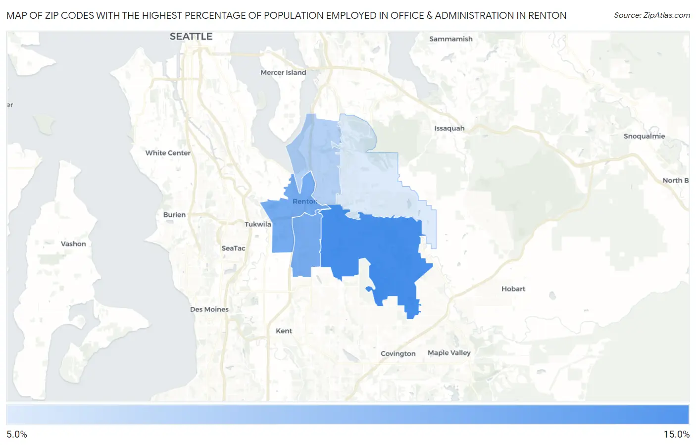 Zip Codes with the Highest Percentage of Population Employed in Office & Administration in Renton Map