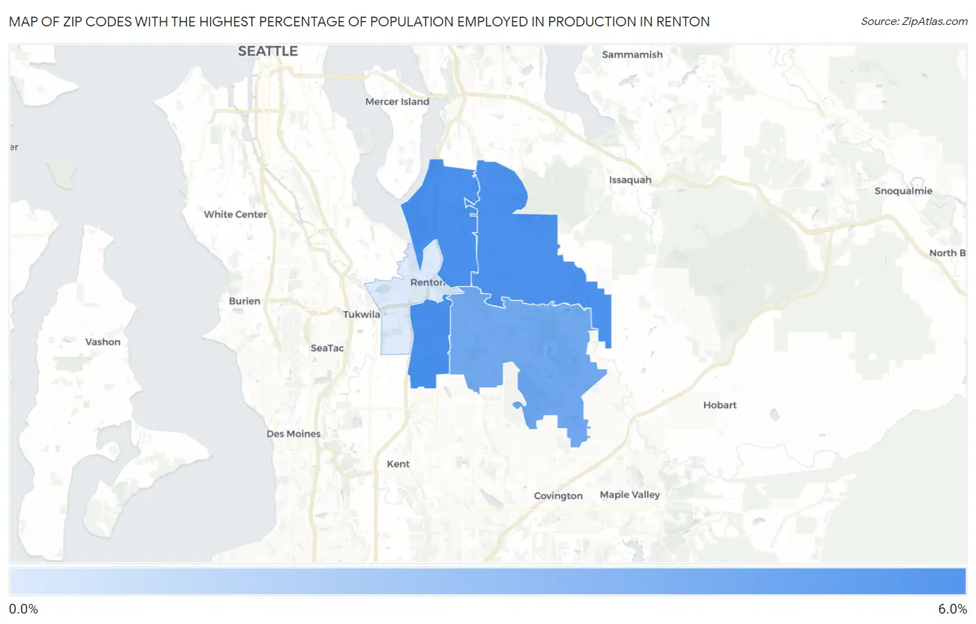 Zip Codes with the Highest Percentage of Population Employed in Production in Renton Map