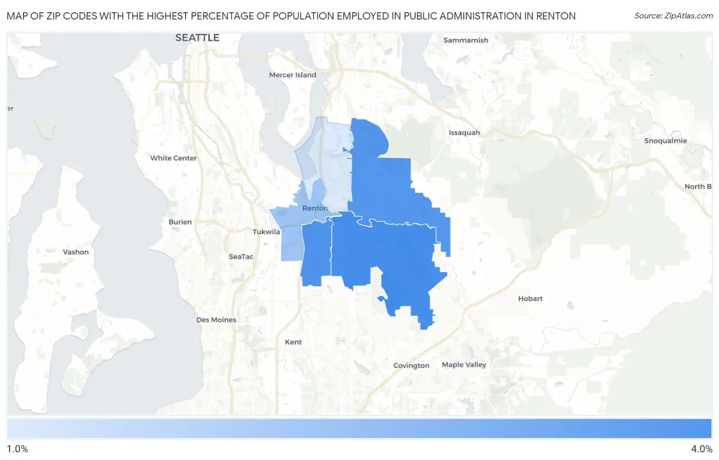 Zip Codes with the Highest Percentage of Population Employed in Public Administration in Renton Map