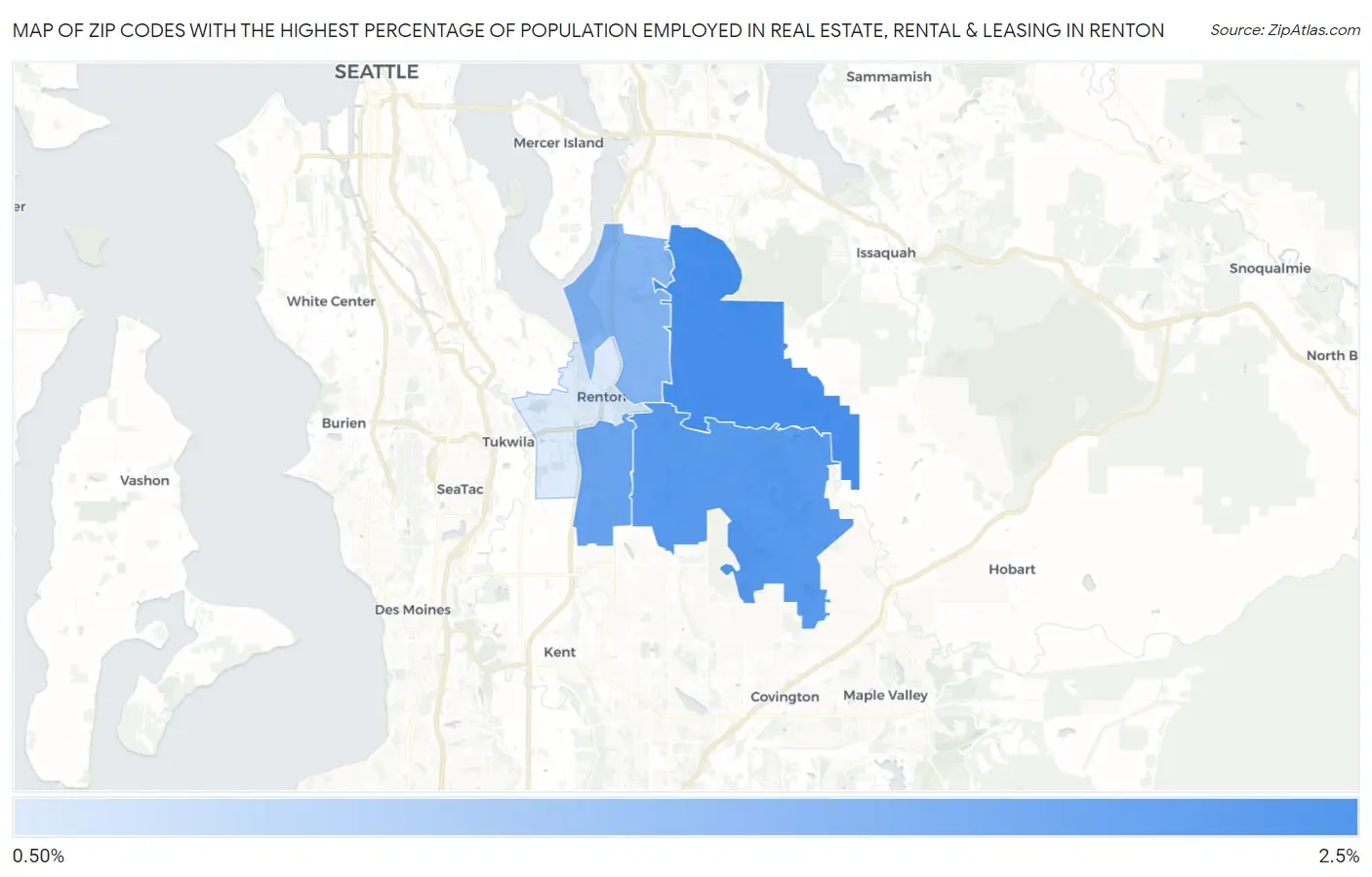 Zip Codes with the Highest Percentage of Population Employed in Real Estate, Rental & Leasing in Renton Map