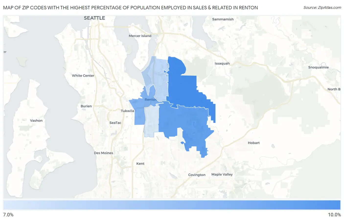 Zip Codes with the Highest Percentage of Population Employed in Sales & Related in Renton Map