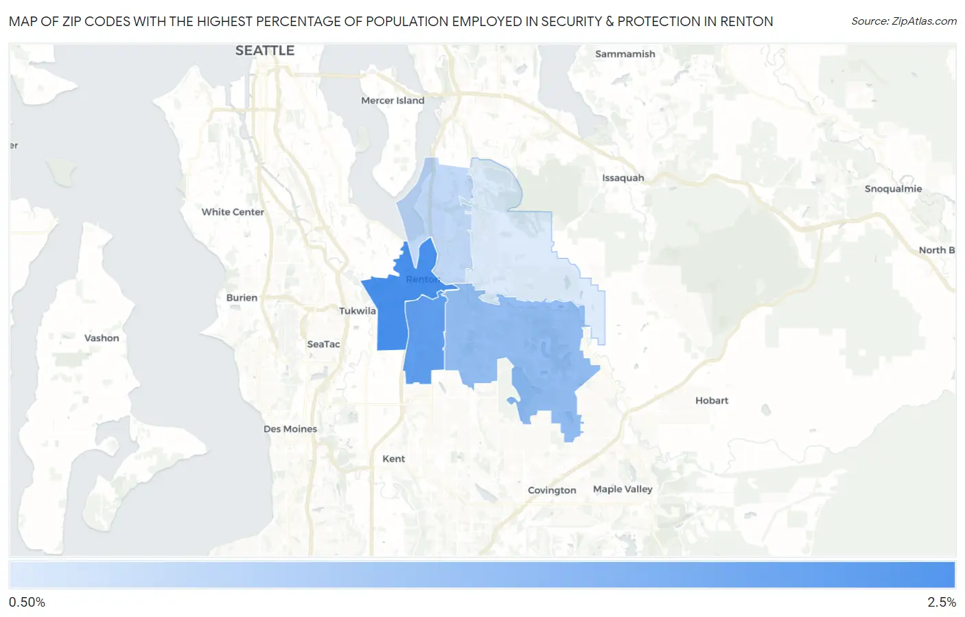 Zip Codes with the Highest Percentage of Population Employed in Security & Protection in Renton Map