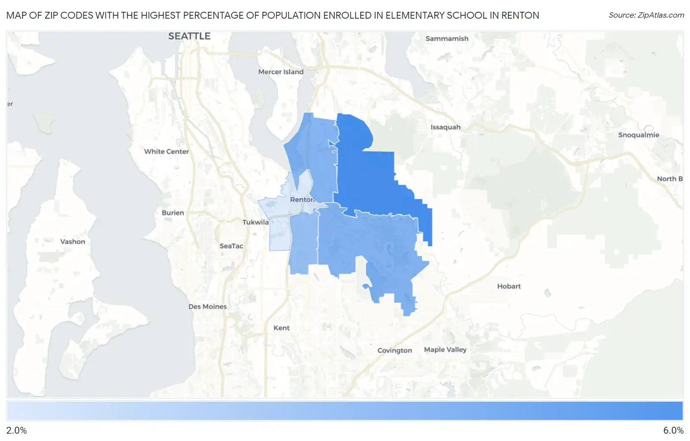Zip Codes with the Highest Percentage of Population Enrolled in Elementary School in Renton Map