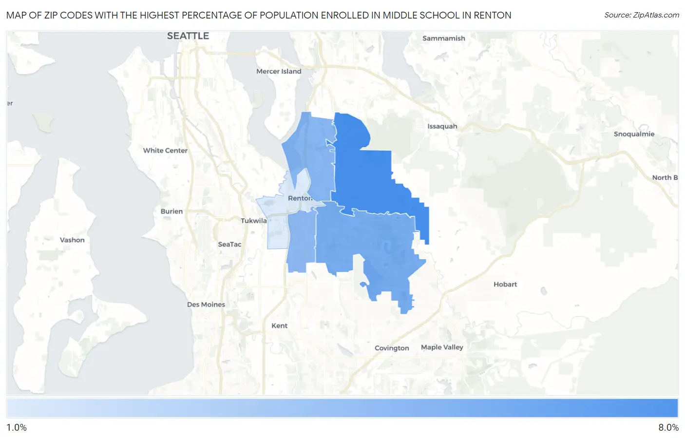 Zip Codes with the Highest Percentage of Population Enrolled in Middle School in Renton Map