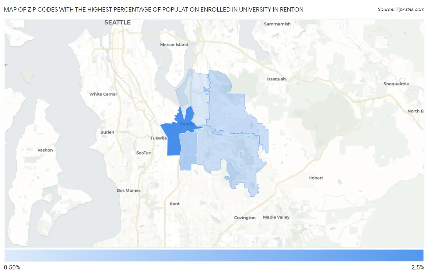 Zip Codes with the Highest Percentage of Population Enrolled in University in Renton Map