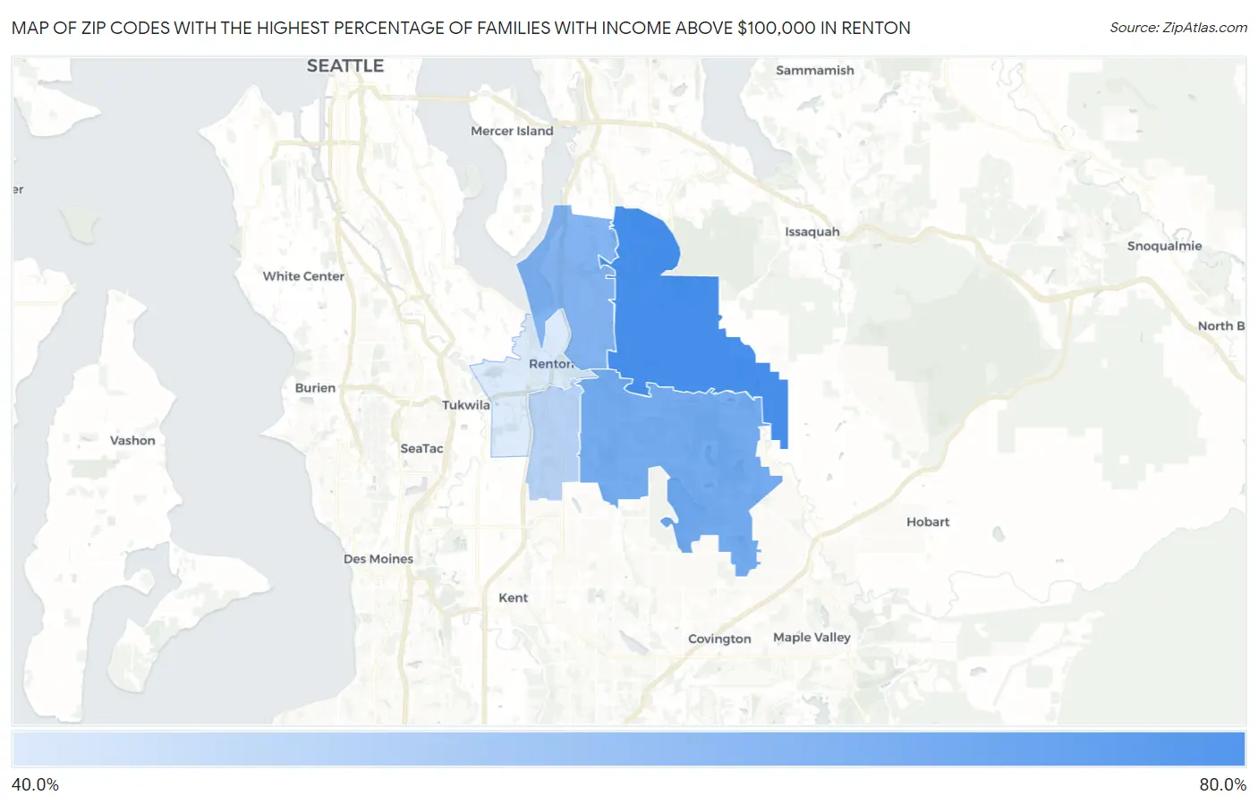 Zip Codes with the Highest Percentage of Families with Income Above $100,000 in Renton Map