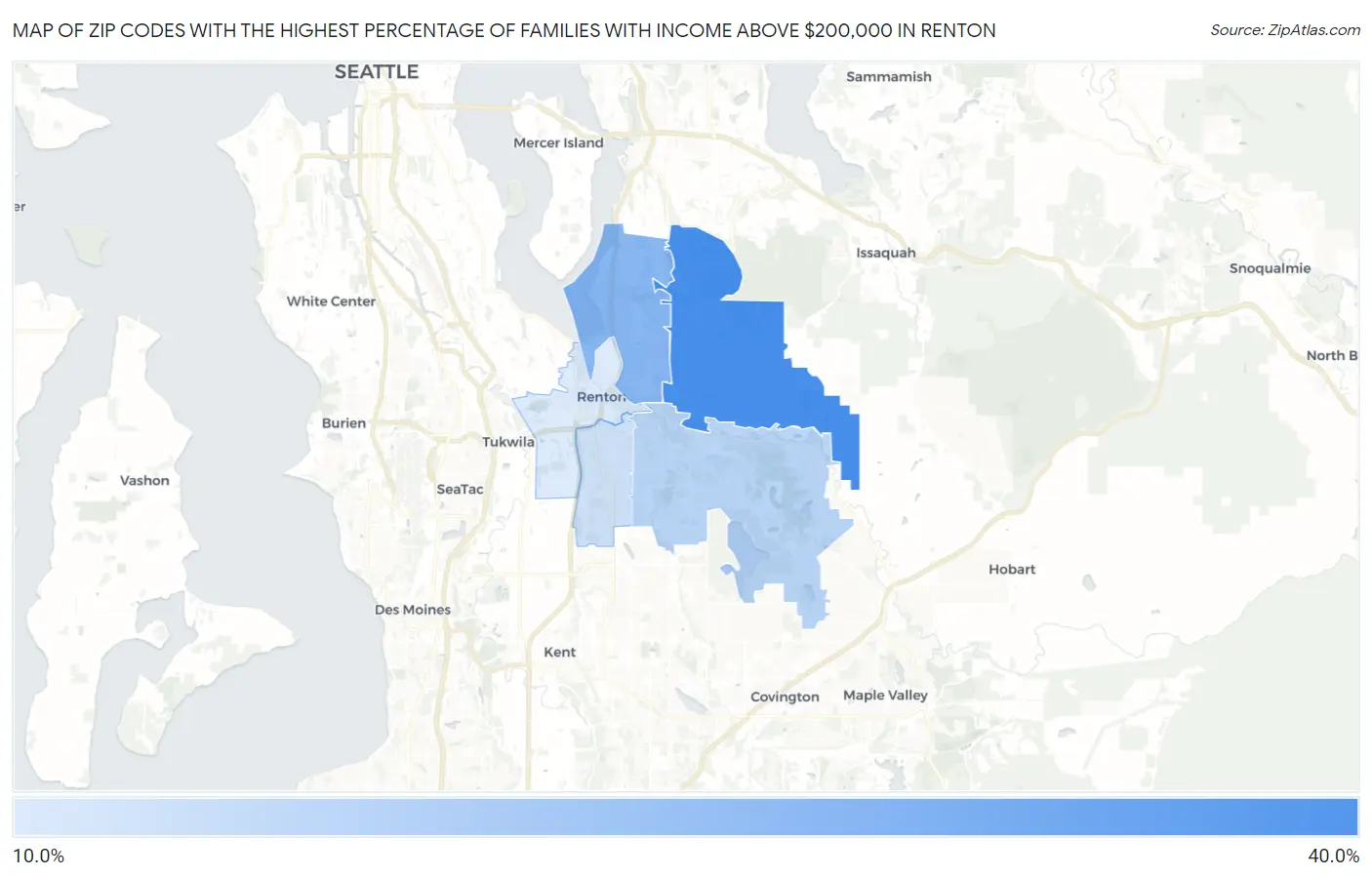 Zip Codes with the Highest Percentage of Families with Income Above $200,000 in Renton Map