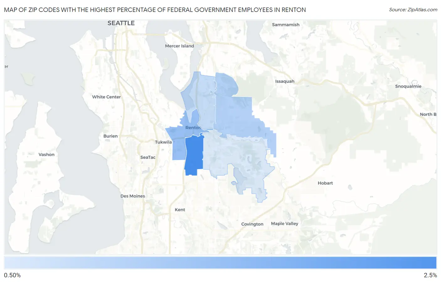Zip Codes with the Highest Percentage of Federal Government Employees in Renton Map