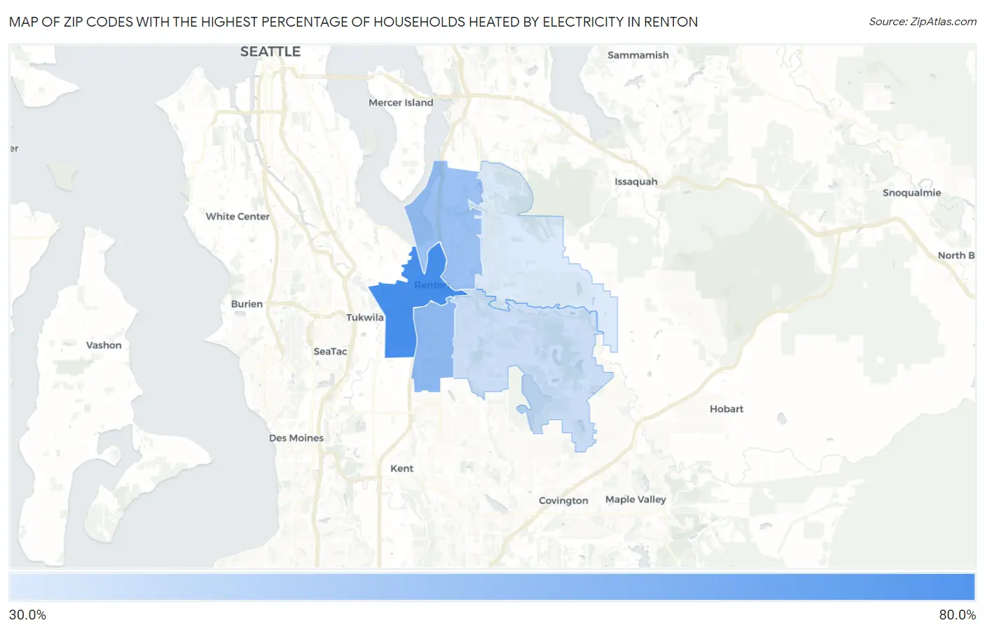 Zip Codes with the Highest Percentage of Households Heated by Electricity in Renton Map