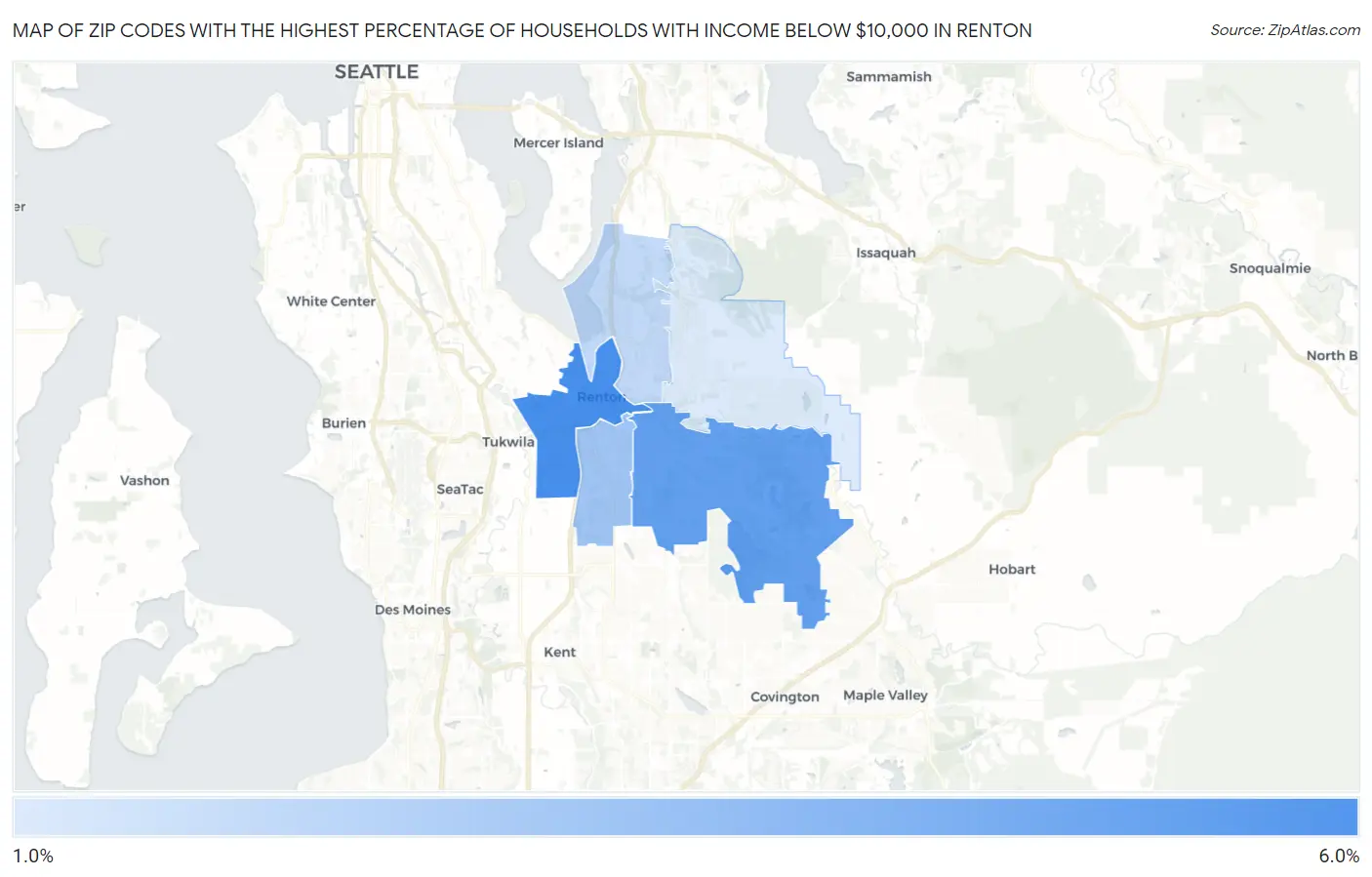 Zip Codes with the Highest Percentage of Households with Income Below $10,000 in Renton Map