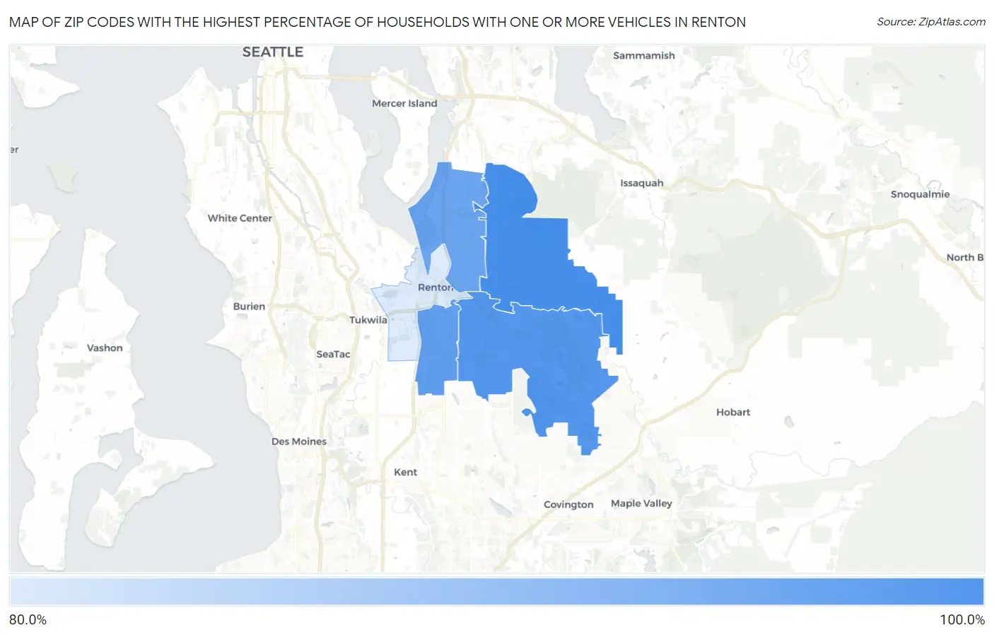 Zip Codes with the Highest Percentage of Households With One or more Vehicles in Renton Map