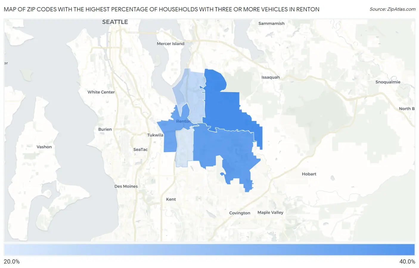 Zip Codes with the Highest Percentage of Households With Three or more Vehicles in Renton Map