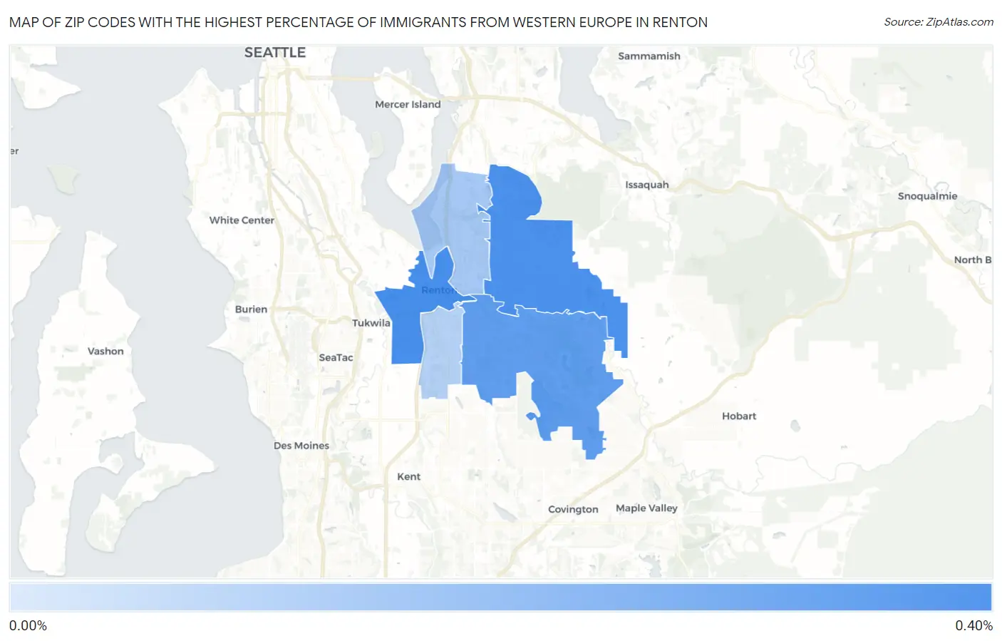 Zip Codes with the Highest Percentage of Immigrants from Western Europe in Renton Map