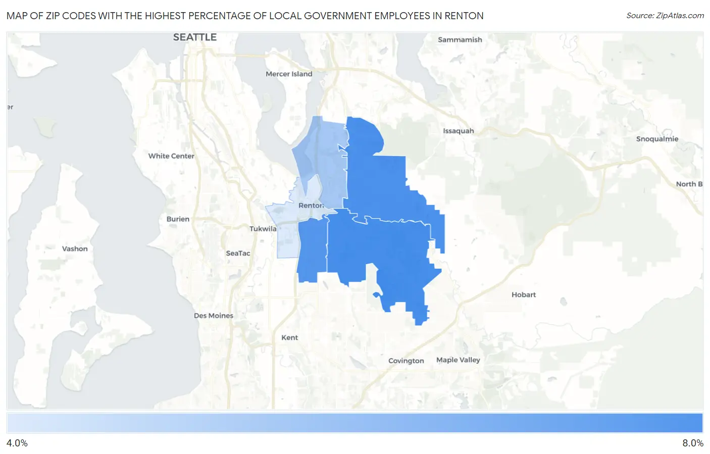 Zip Codes with the Highest Percentage of Local Government Employees in Renton Map
