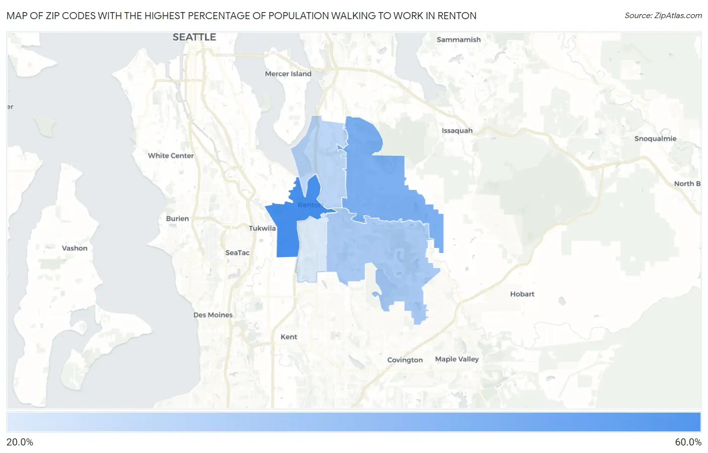 Zip Codes with the Highest Percentage of Population Walking to Work in Renton Map