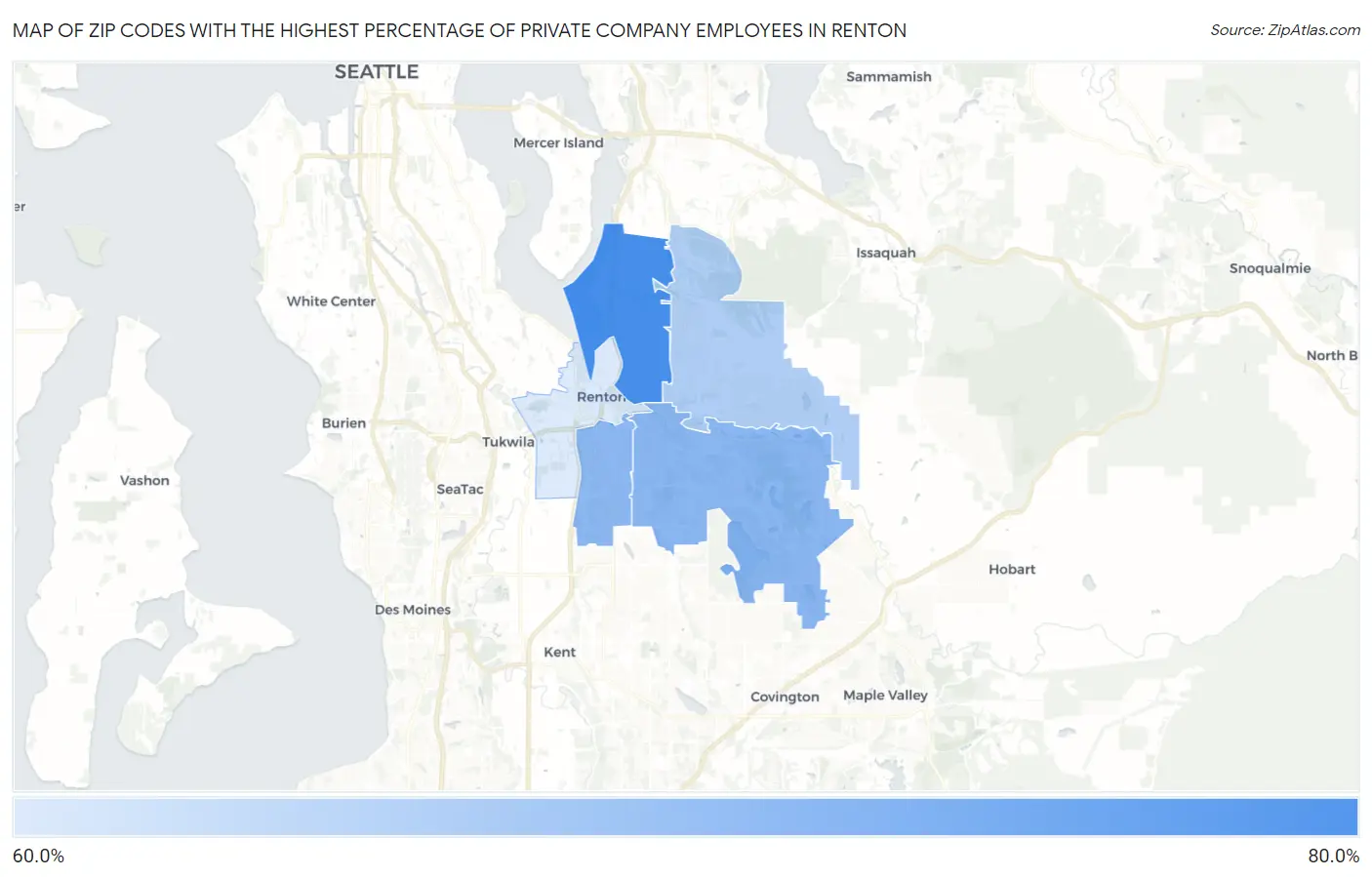 Zip Codes with the Highest Percentage of Private Company Employees in Renton Map