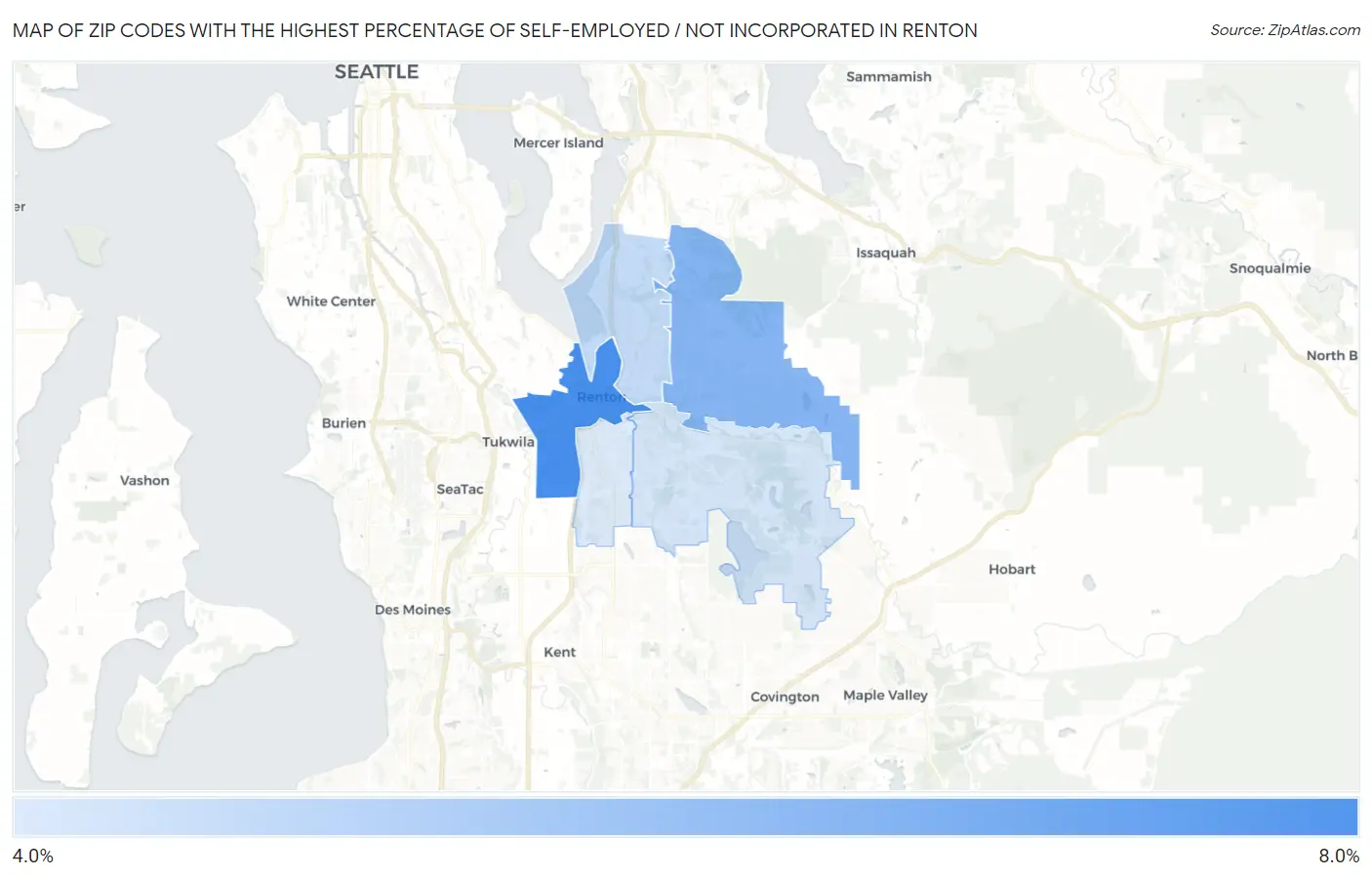 Zip Codes with the Highest Percentage of Self-Employed / Not Incorporated in Renton Map