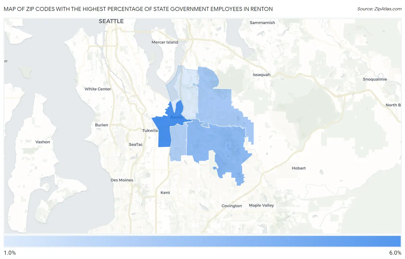 Zip Codes with the Highest Percentage of State Government Employees in Renton Map