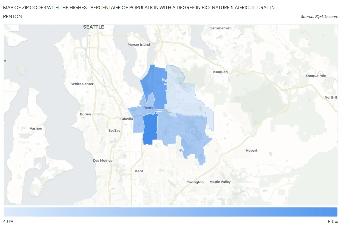 Zip Codes with the Highest Percentage of Population with a Degree in Bio, Nature & Agricultural in Renton Map