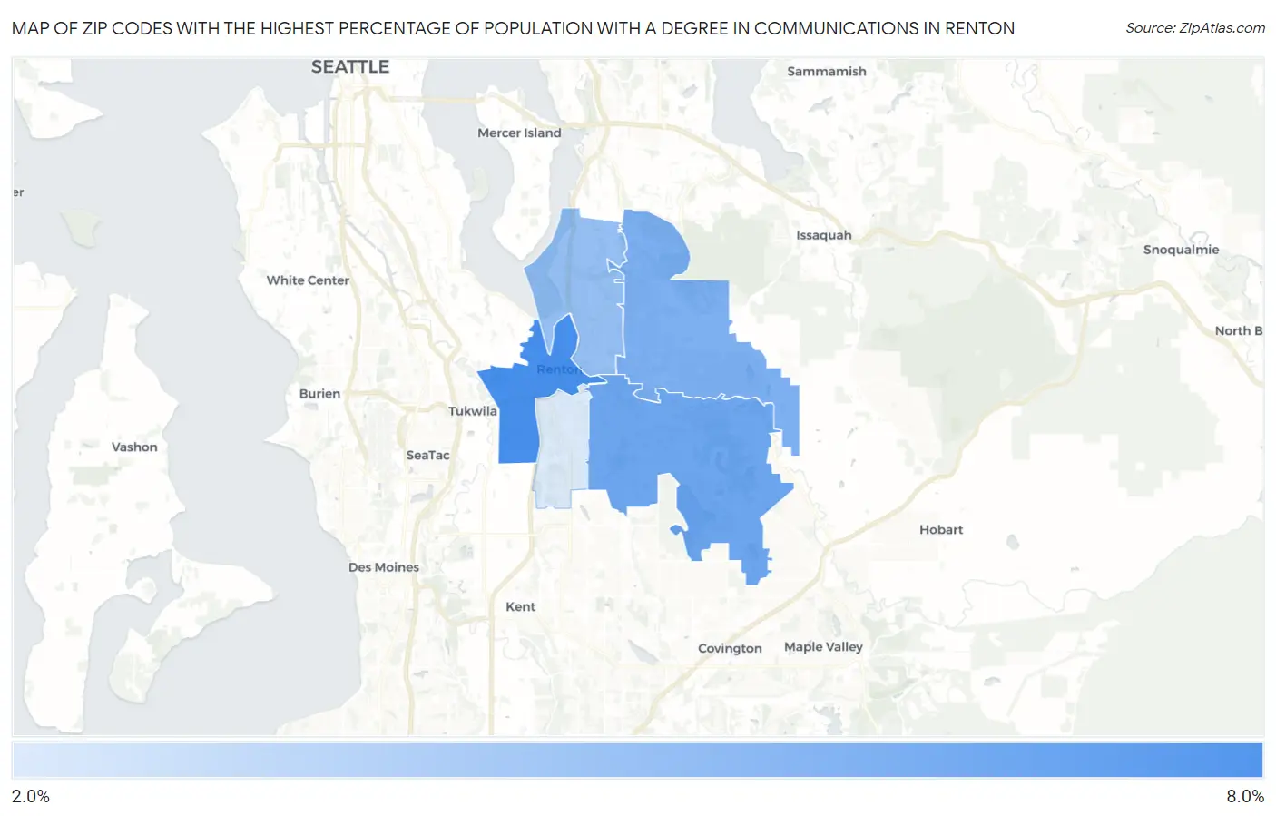 Zip Codes with the Highest Percentage of Population with a Degree in Communications in Renton Map