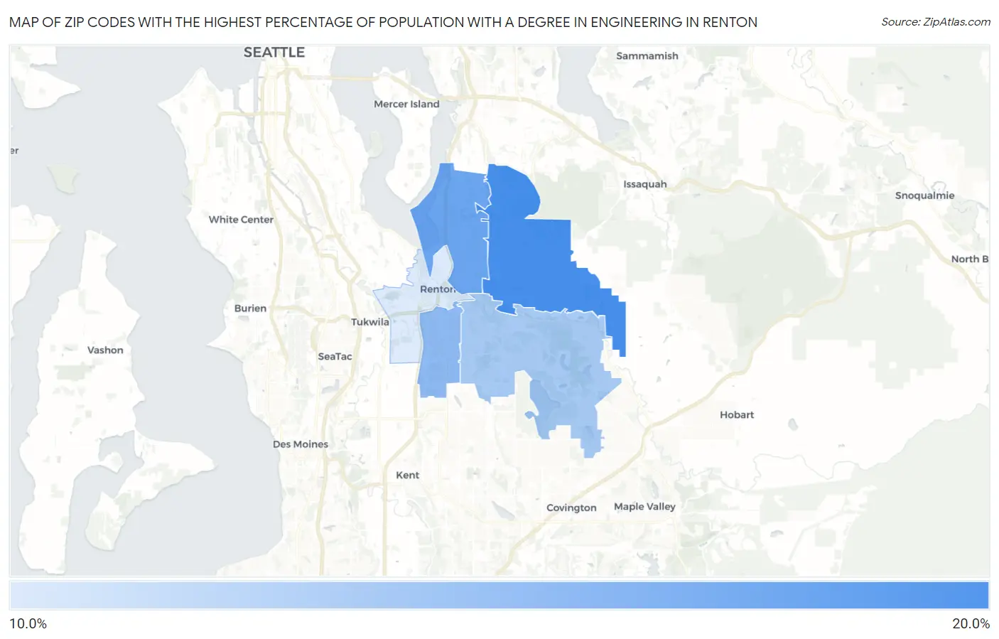 Zip Codes with the Highest Percentage of Population with a Degree in Engineering in Renton Map