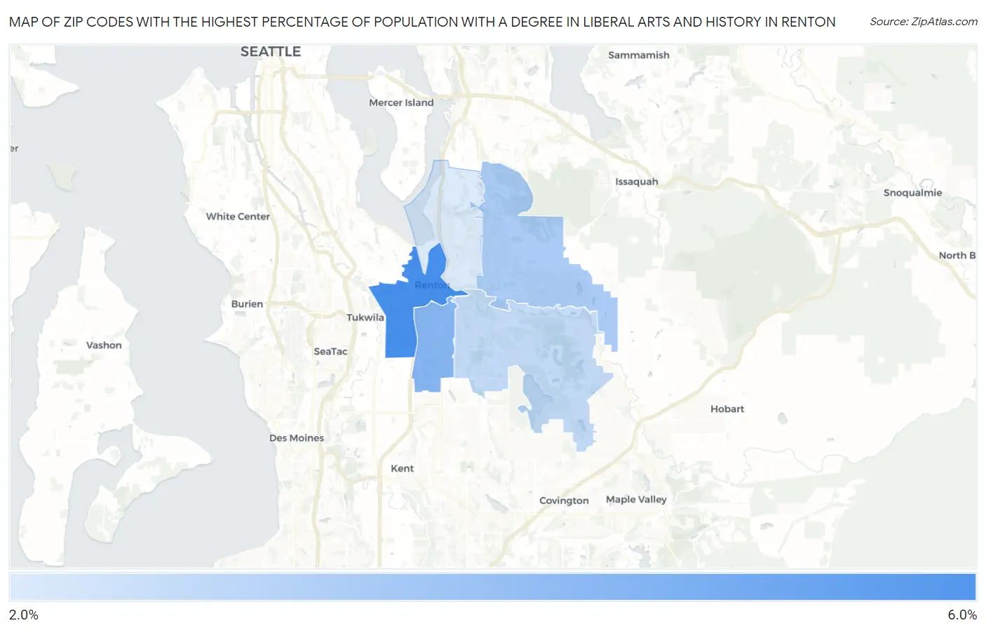 Zip Codes with the Highest Percentage of Population with a Degree in Liberal Arts and History in Renton Map