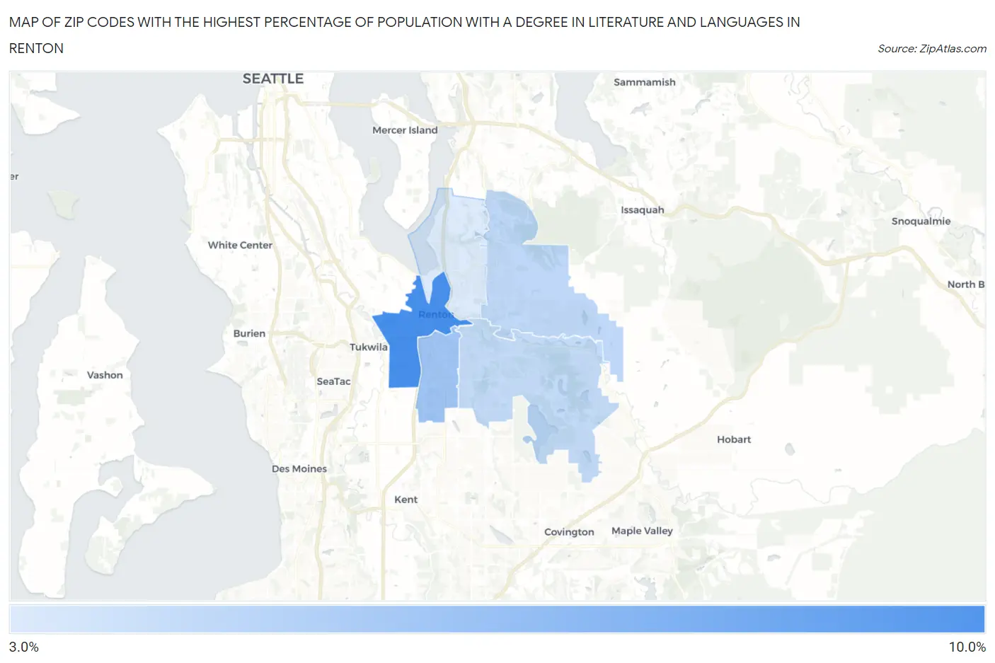 Zip Codes with the Highest Percentage of Population with a Degree in Literature and Languages in Renton Map