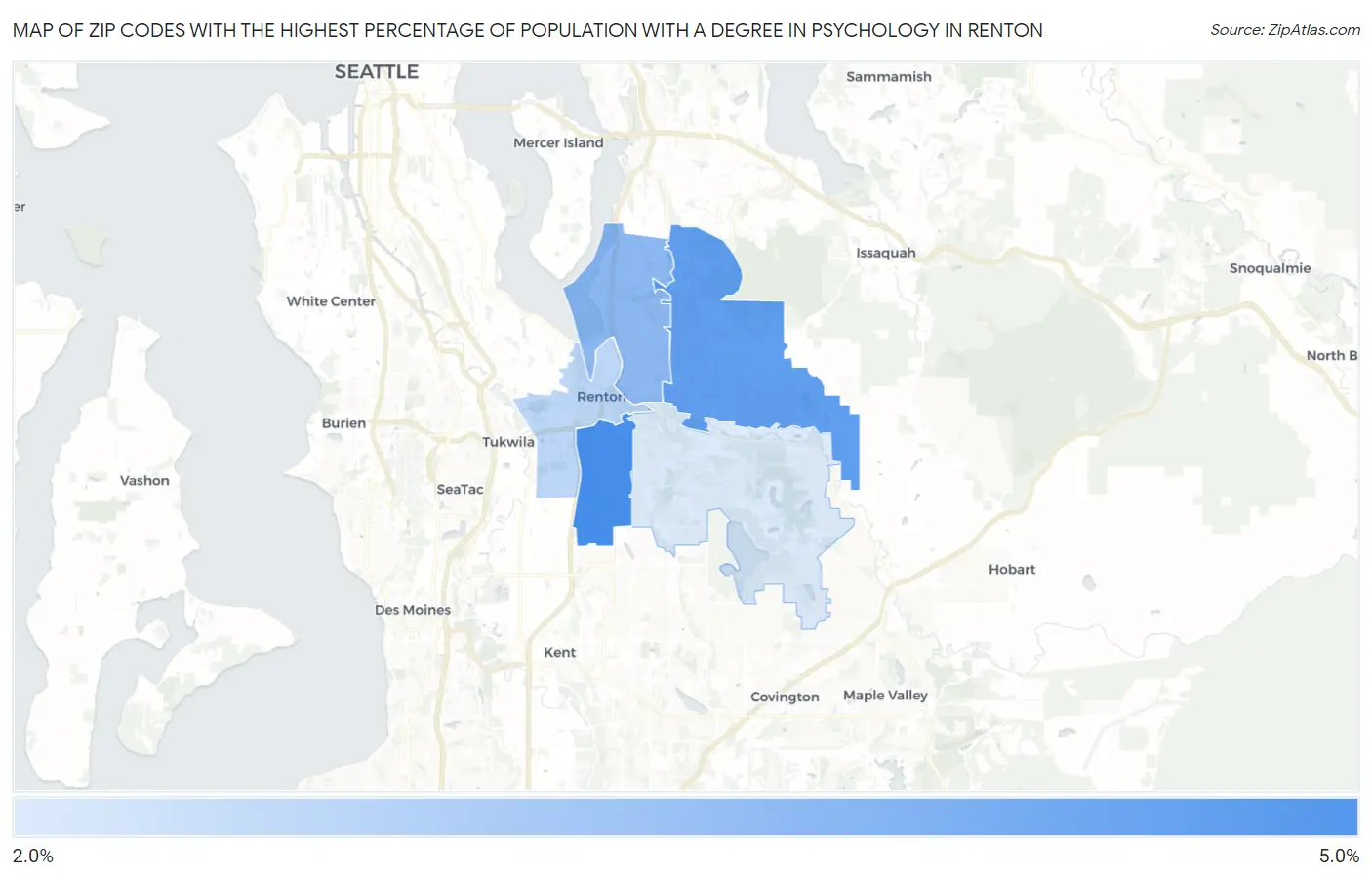 Zip Codes with the Highest Percentage of Population with a Degree in Psychology in Renton Map