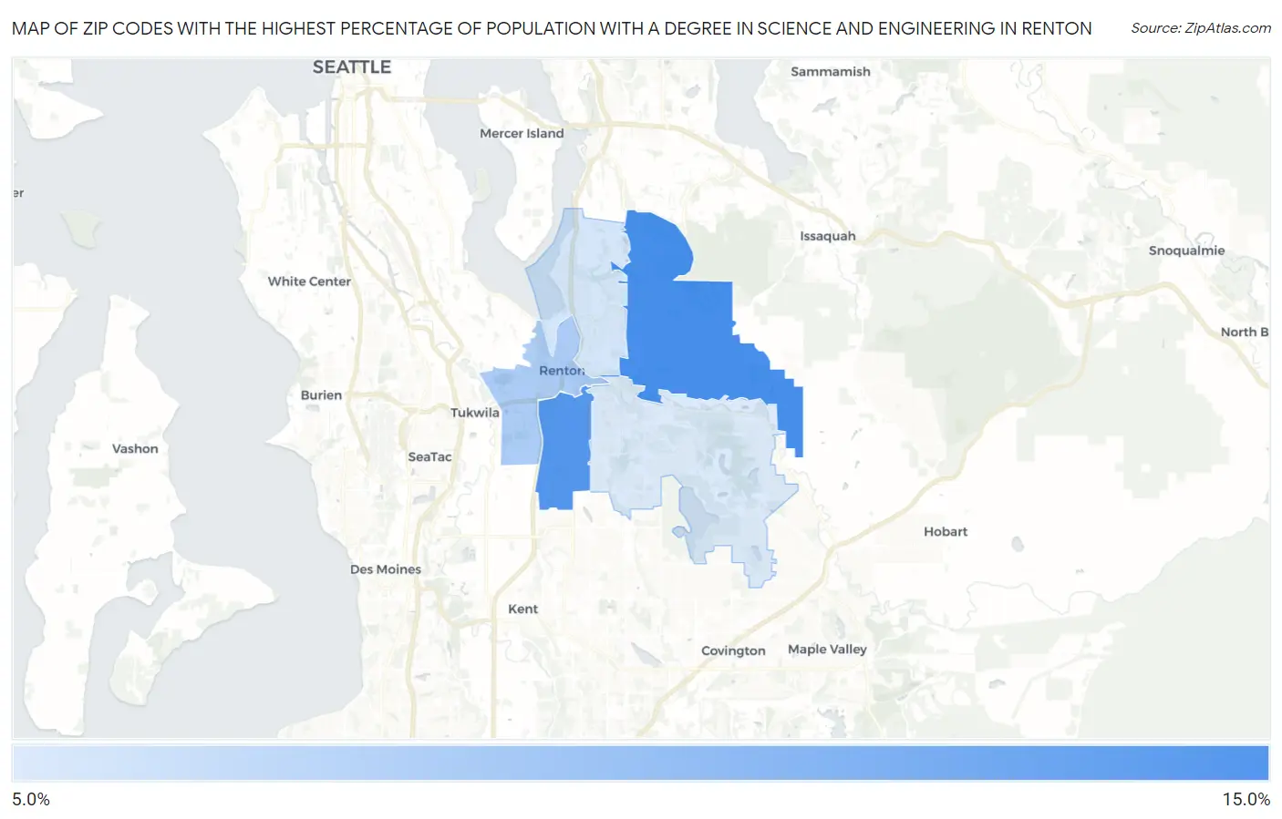 Zip Codes with the Highest Percentage of Population with a Degree in Science and Engineering in Renton Map
