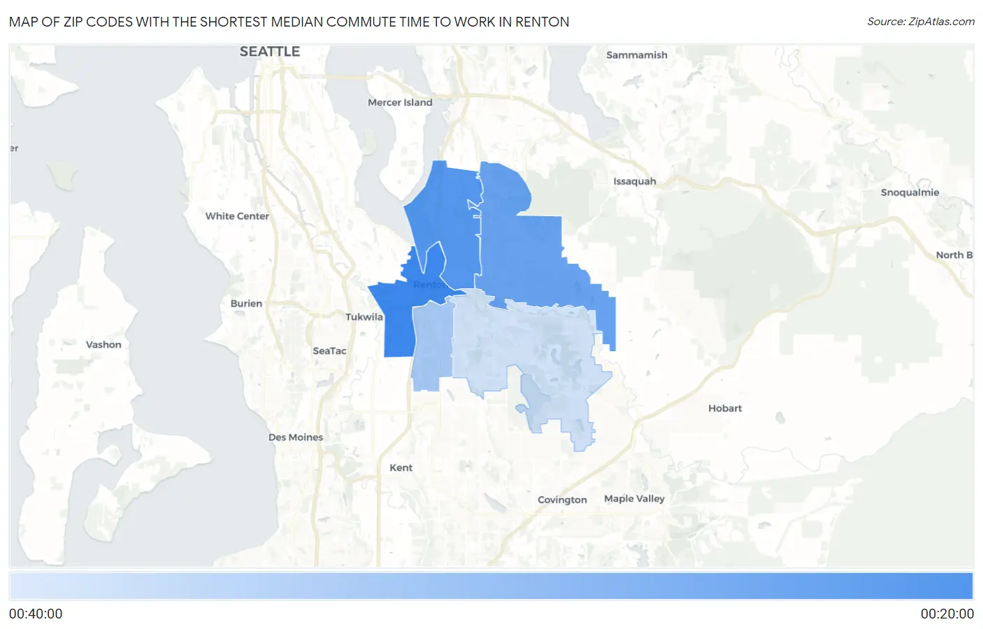 Zip Codes with the Shortest Median Commute Time to Work in Renton Map