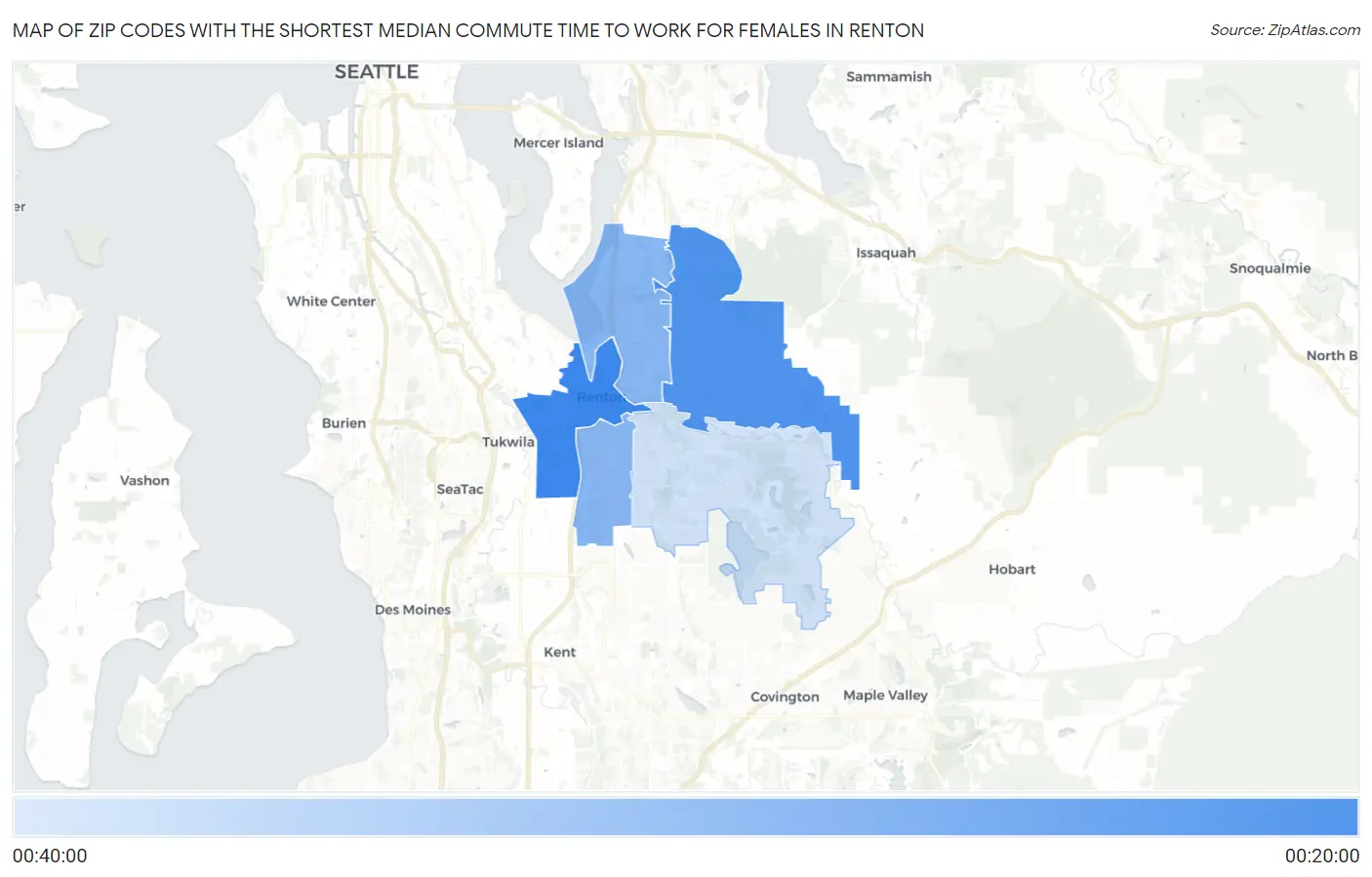 Zip Codes with the Shortest Median Commute Time to Work for Females in Renton Map