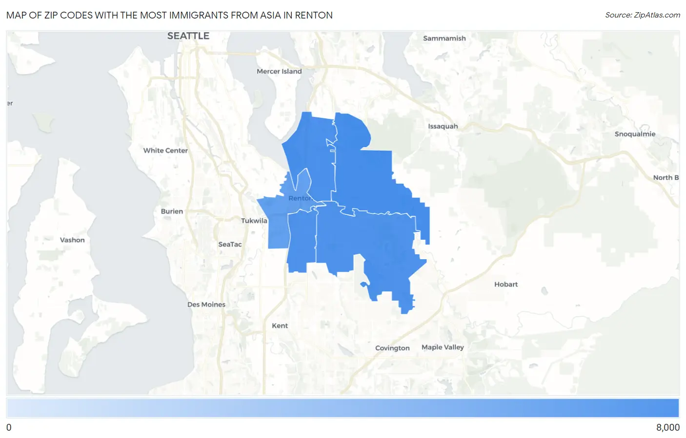 Zip Codes with the Most Immigrants from Asia in Renton Map