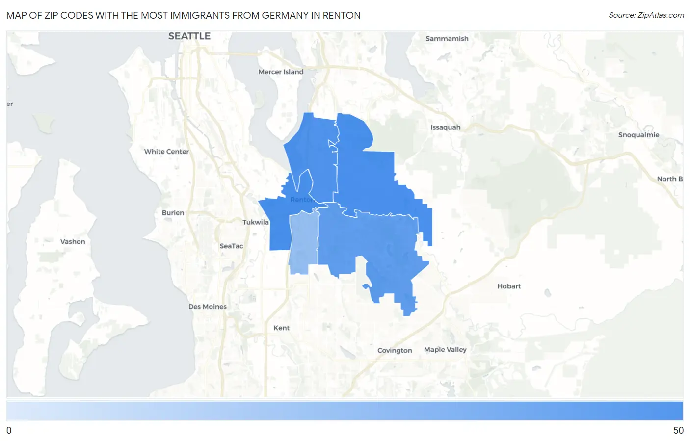 Zip Codes with the Most Immigrants from Germany in Renton Map