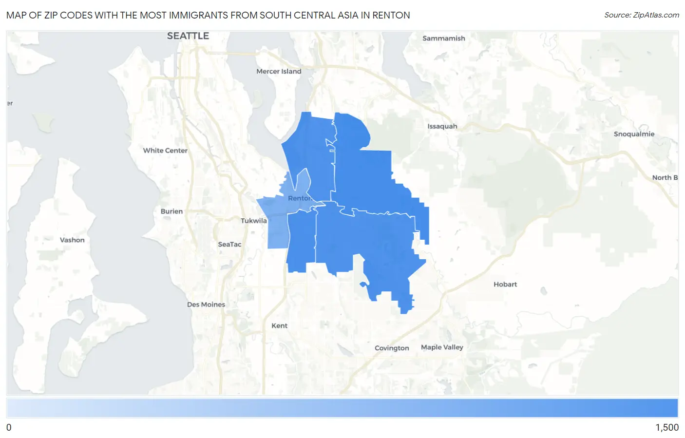 Zip Codes with the Most Immigrants from South Central Asia in Renton Map
