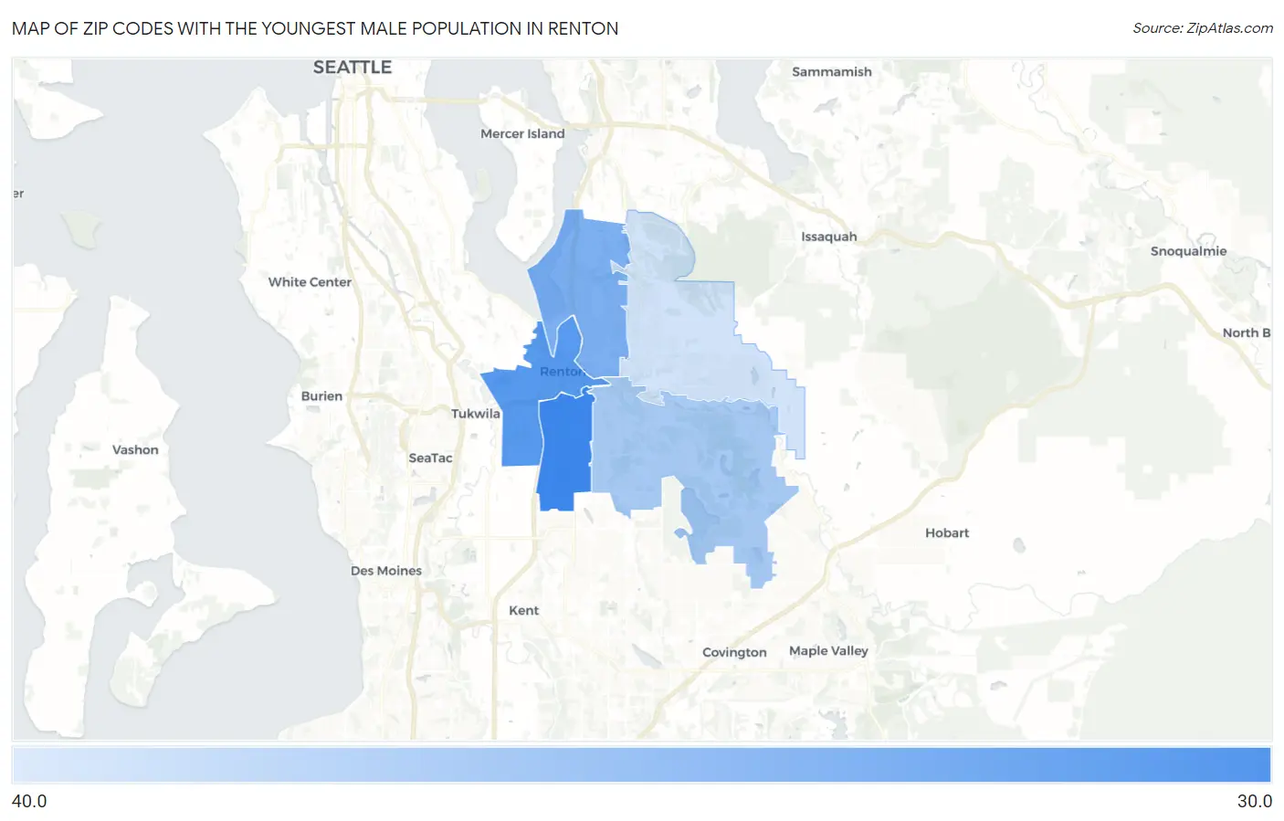 Zip Codes with the Youngest Male Population in Renton Map