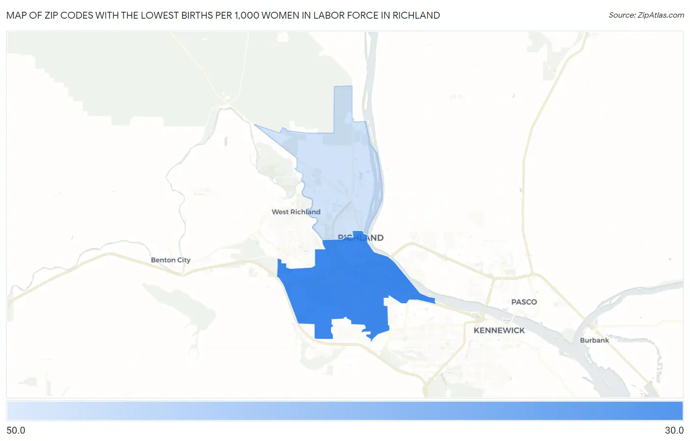 Zip Codes with the Lowest Births per 1,000 Women in Labor Force in Richland Map