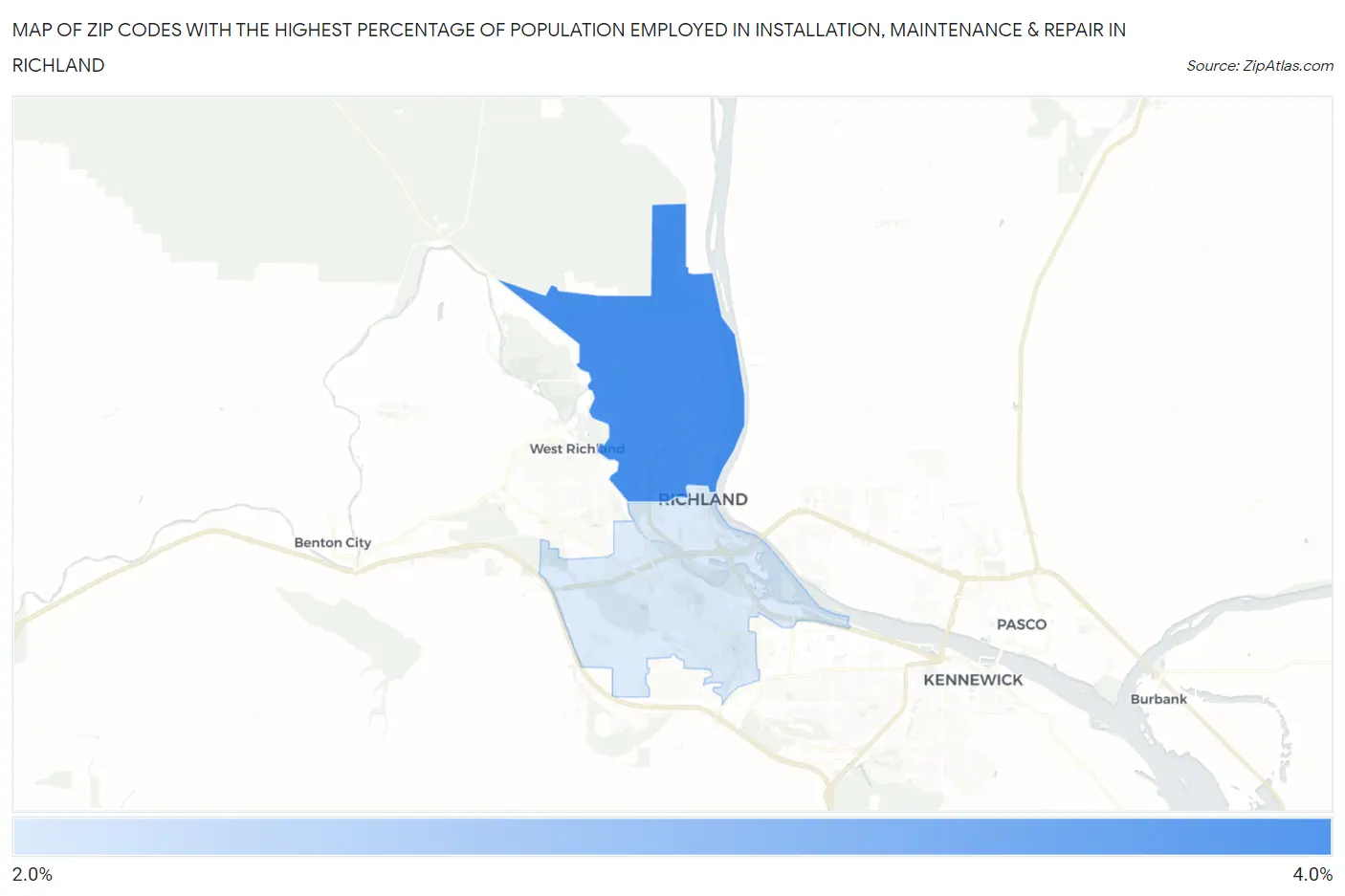 Zip Codes with the Highest Percentage of Population Employed in Installation, Maintenance & Repair in Richland Map