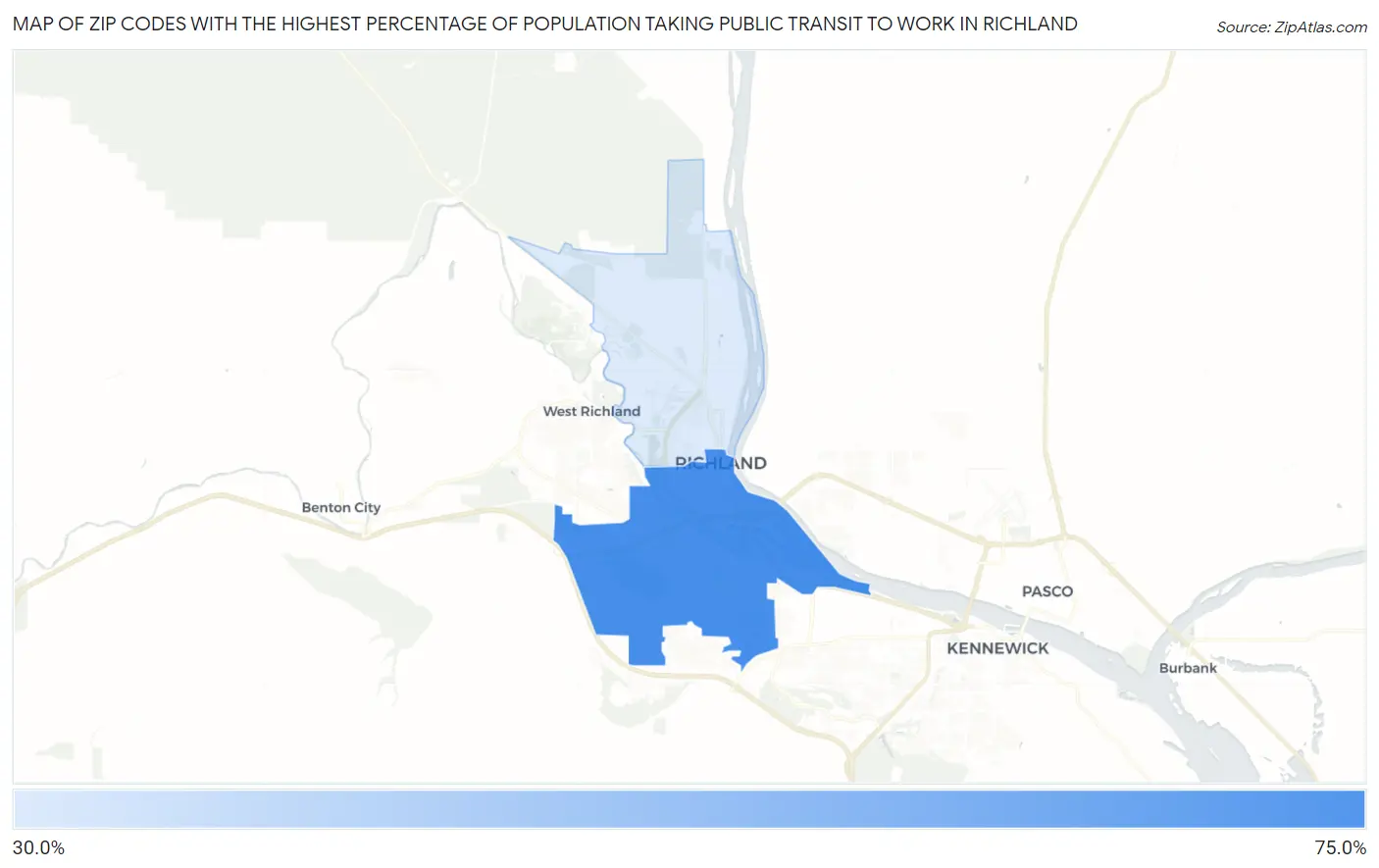 Zip Codes with the Highest Percentage of Population Taking Public Transit to Work in Richland Map