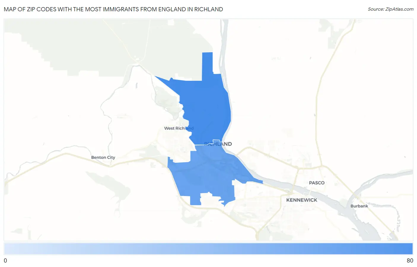 Zip Codes with the Most Immigrants from England in Richland Map